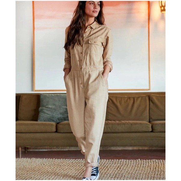Outerknown S.E.A. Suit Women's Button Front Jumpsuit Linen Blend Sz M Tan NWOT - Picture 3 of 11